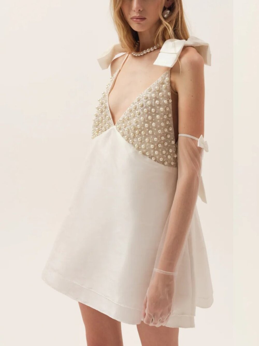 For Love & Lemons White Pearl-Embellished Mini Dress - Picture 2 of 15